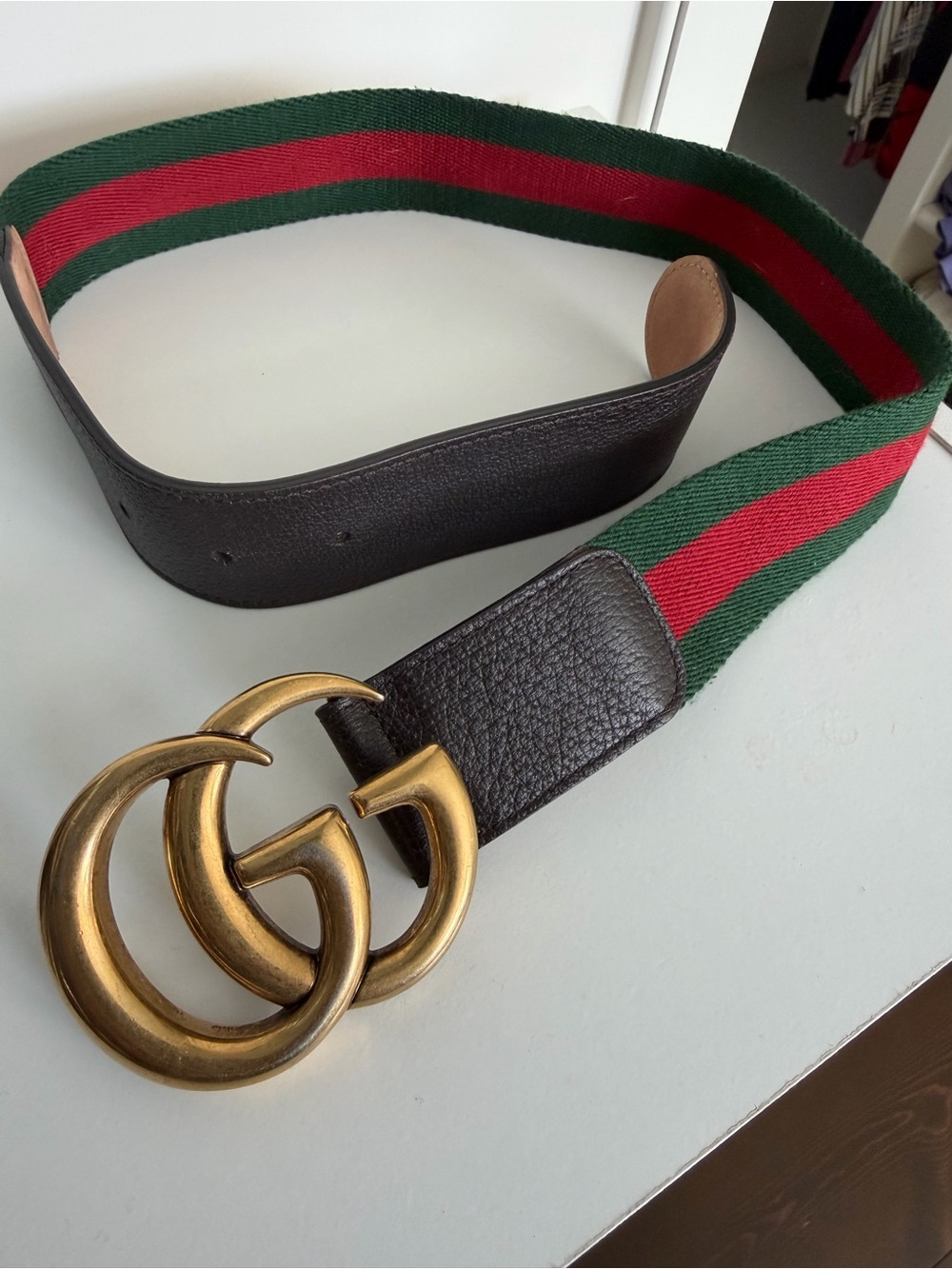 Gucci Green & Red Webbing Belt with Brown Leather and Gold Double G Buckle